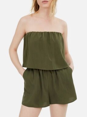 NWOT Bebop Pocketed Popover Strapless Wide Leg Olive Green Romper